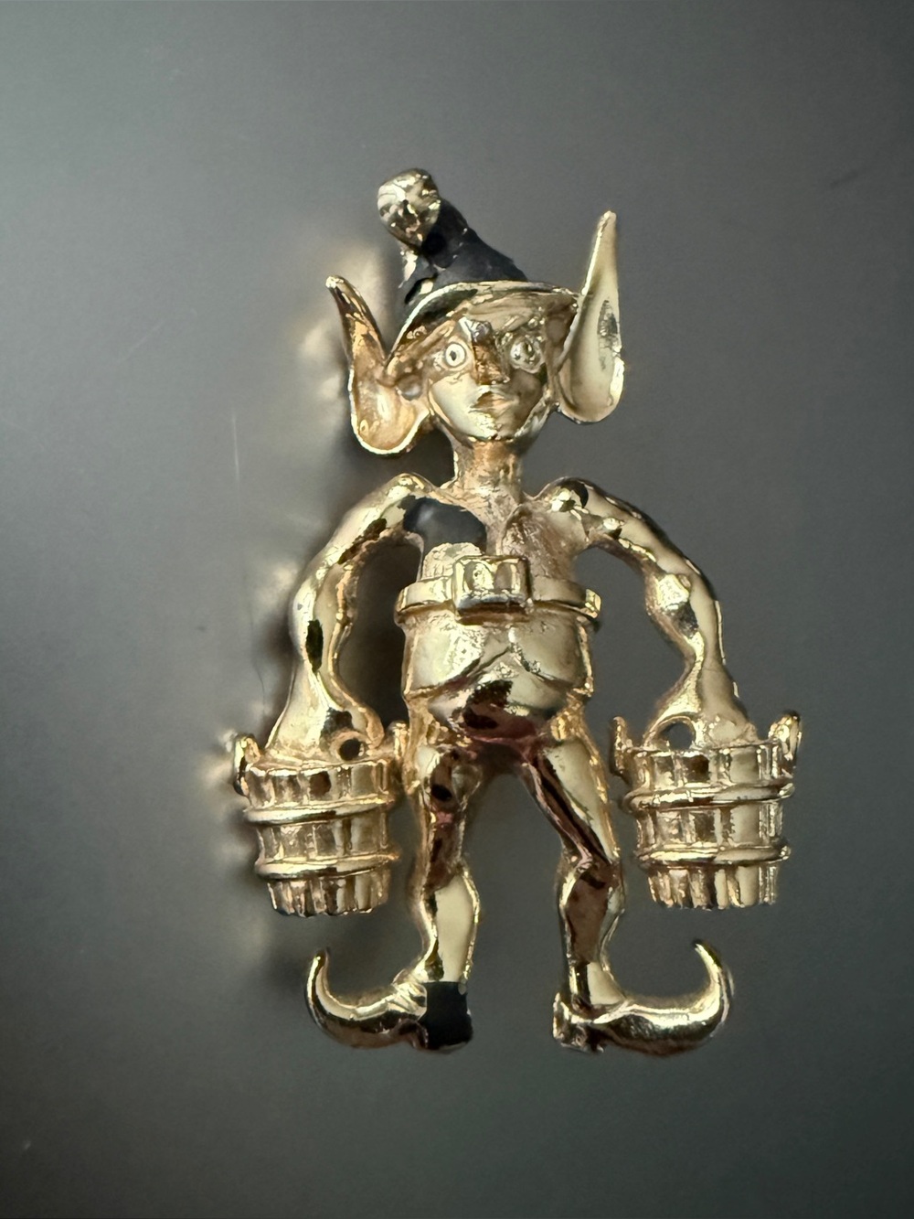 Vintage Marvella Gold Tone Pixie Elf Carrying Two Water Buckets Brooch Pin